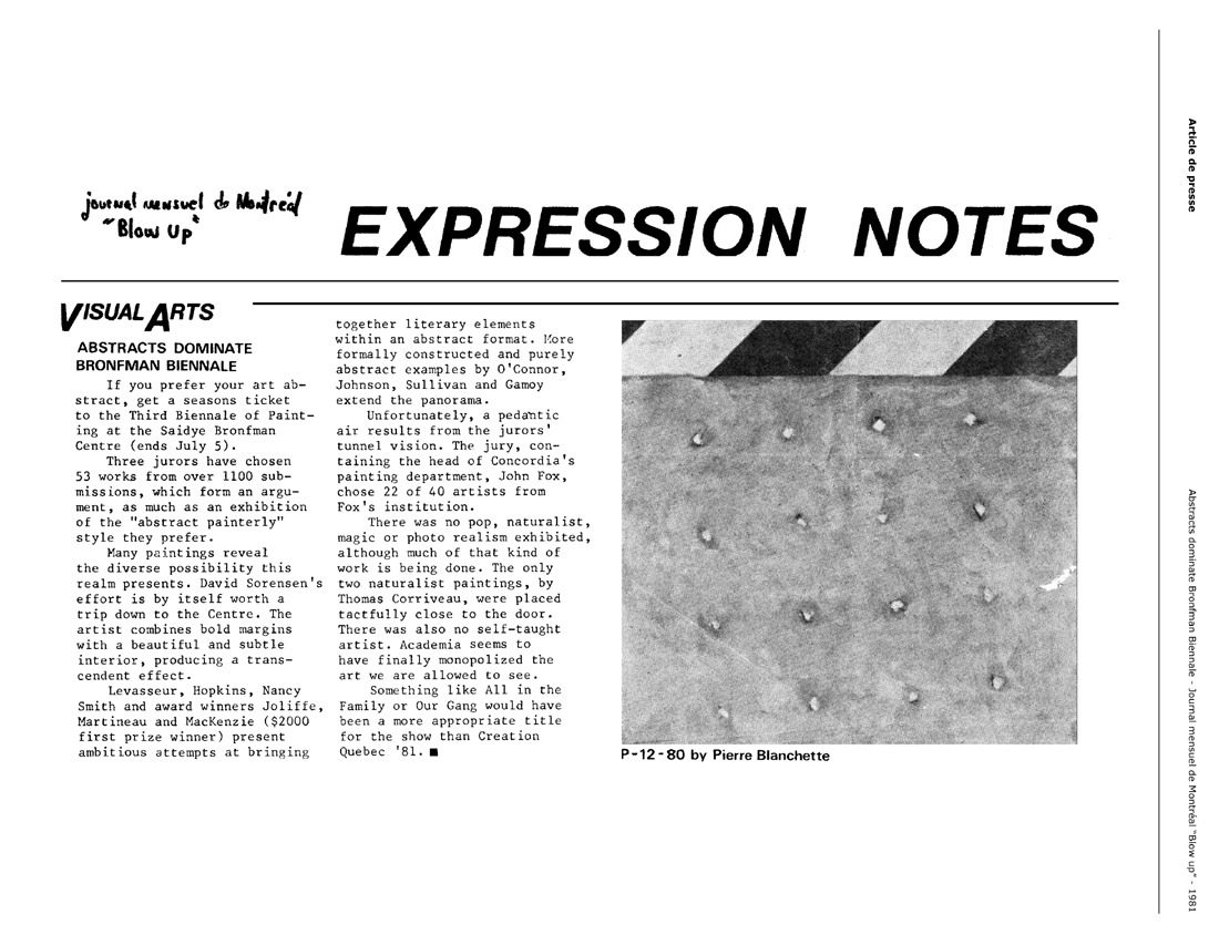 1981 — Journal de Montréal — VISUAL ARTS ABSTRACTS DOMINATE BRONMAN BIENNALE