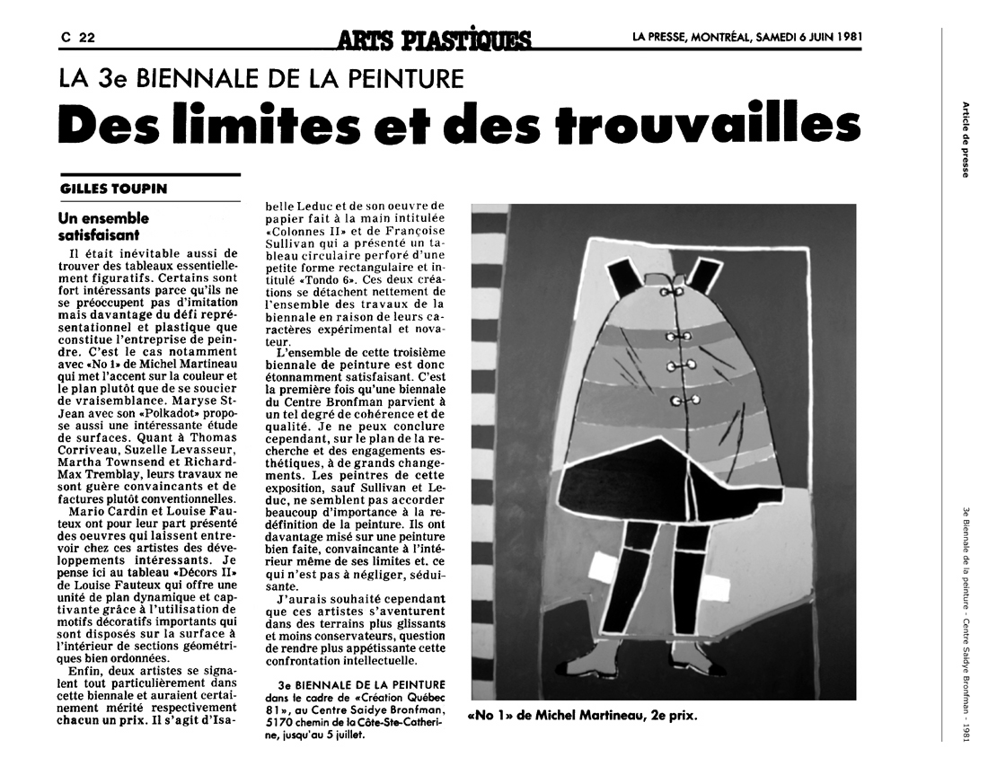 1981 — La Presse — LA 3e BIENNALE DE LA PEINTURE : Des limites et des trouvailles