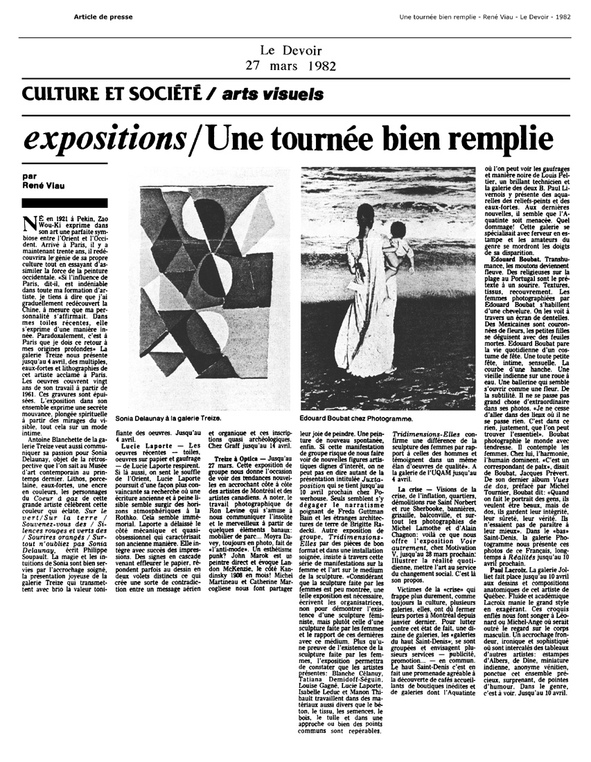 1982 — Le Devoir — Expositions / Une tournée bien remplie