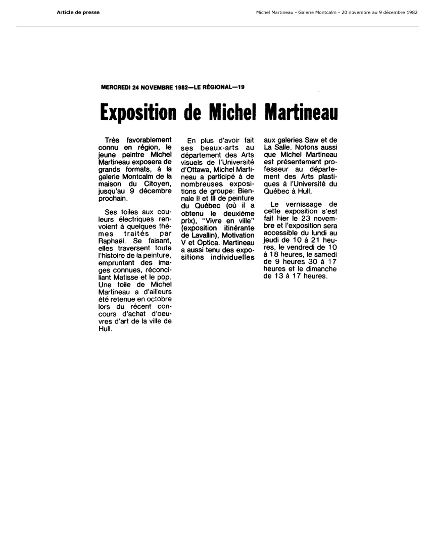 1982 — Le Régional — Exposition de Michel Martineau