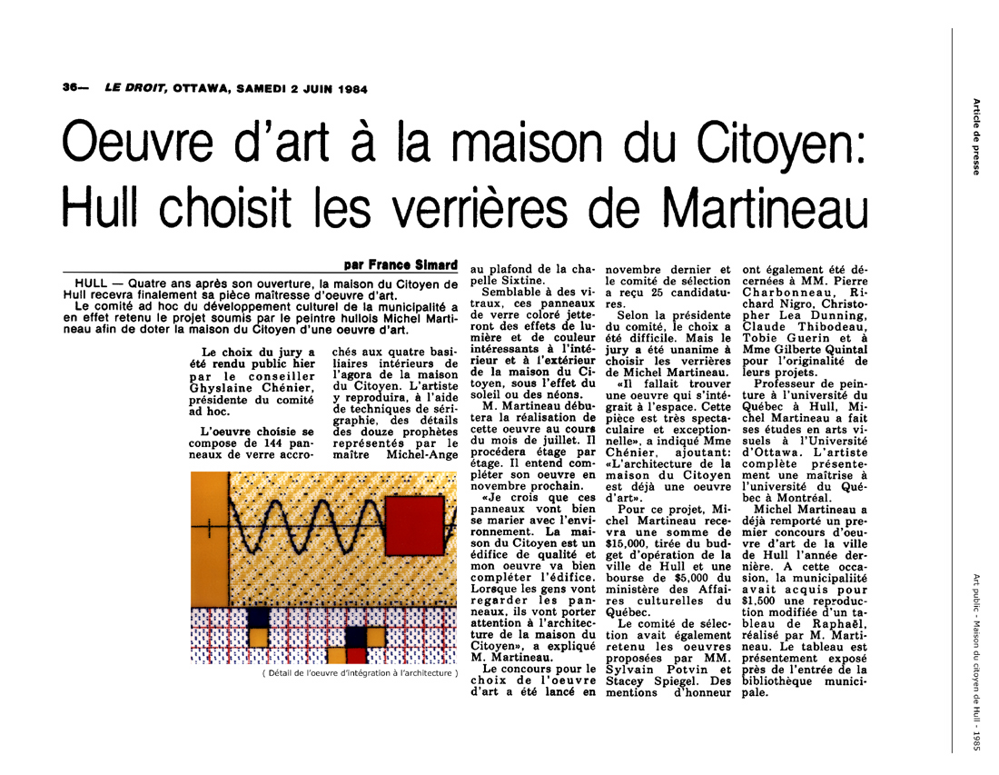 1984 — Le Droit — Œuvre d’art à la maison du Citoyen : Hull choisit les verrières de Martineau
