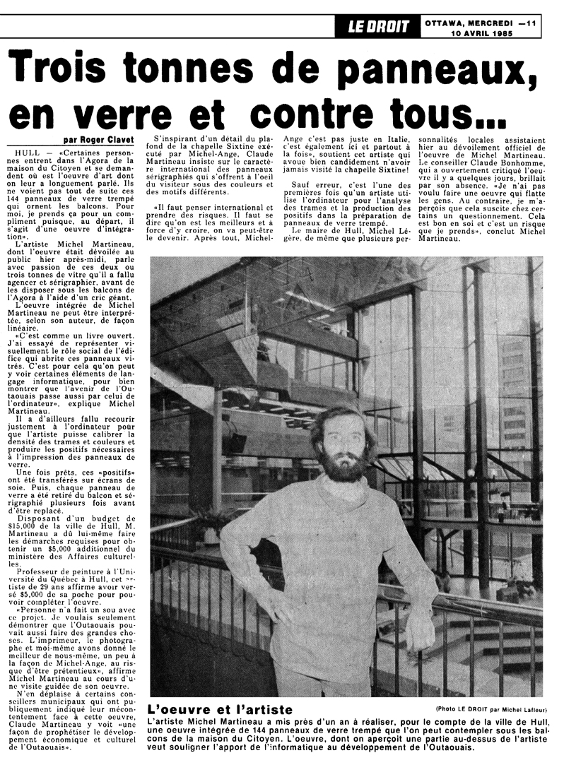 1985 — Le Droit — Trois tonnes de panneaux en verre