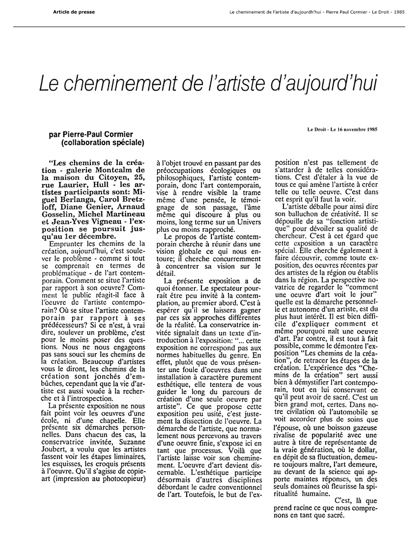1985 — Le Droit — Le cheminement de l’artiste d’aujourd’hui