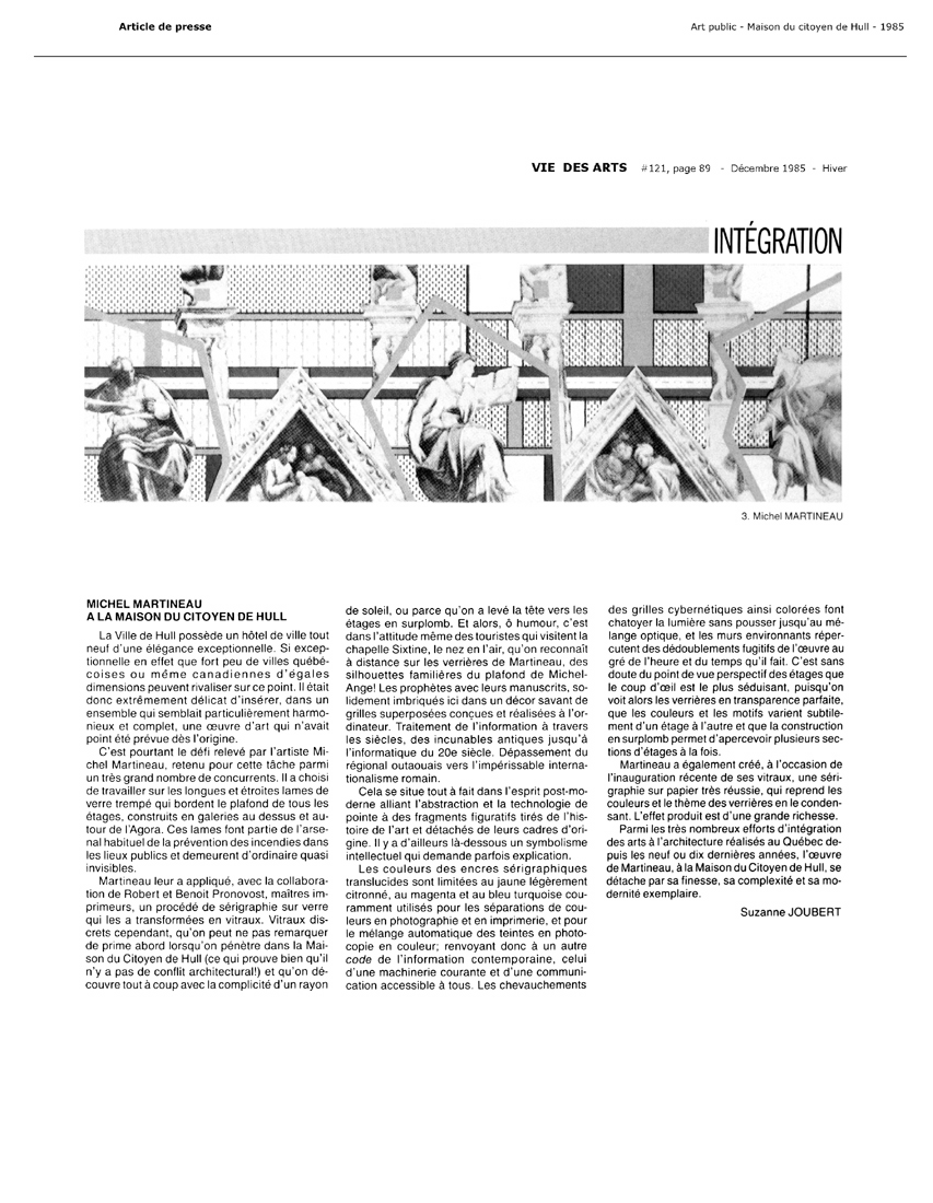 1985 — Vie des Arts — Michel Martineau à la Maison du citoyen de Hull