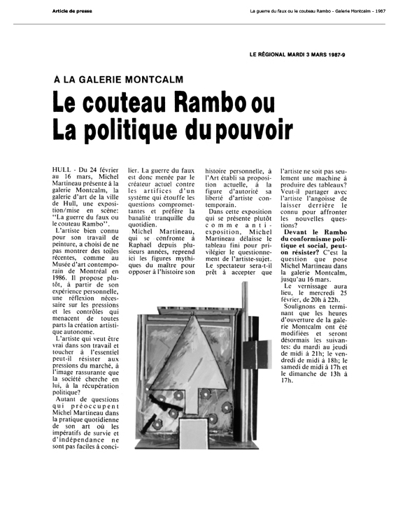 1987 — Le Régional — Galerie Montcalm : Le couteau Rambo ou la politique du pouvoir